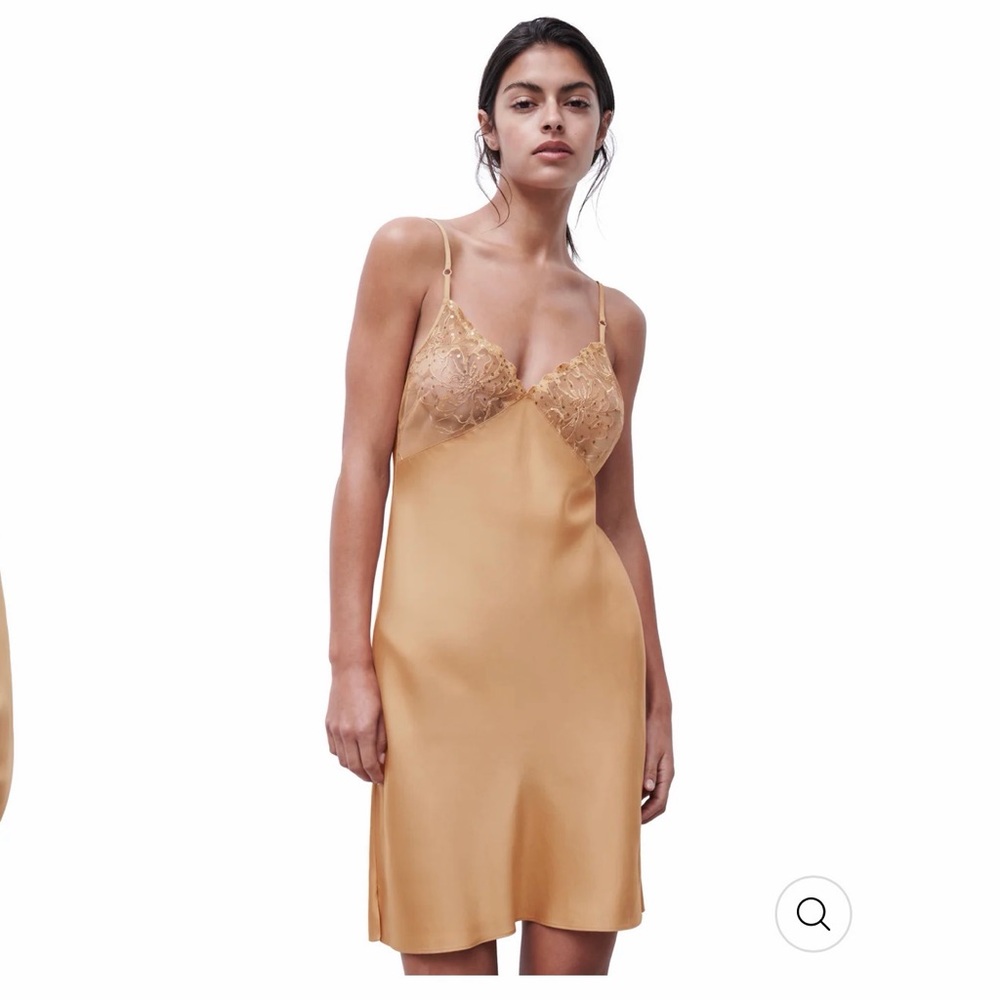 Brand New 100% Satin Elegant Gold Lace Slip Dress by Chantelle